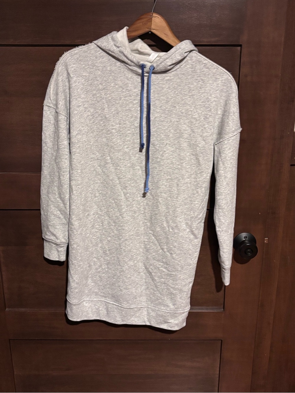 Fabletics Light Heather Gray Hoodie Dress with Blue Drawstring